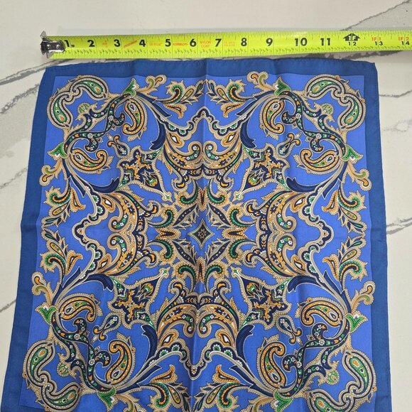 Vintage-Inspired Blue Silk Scarf Intricate Paisley Design 13"x13" Luxury Accesso - Picture 2 of 4